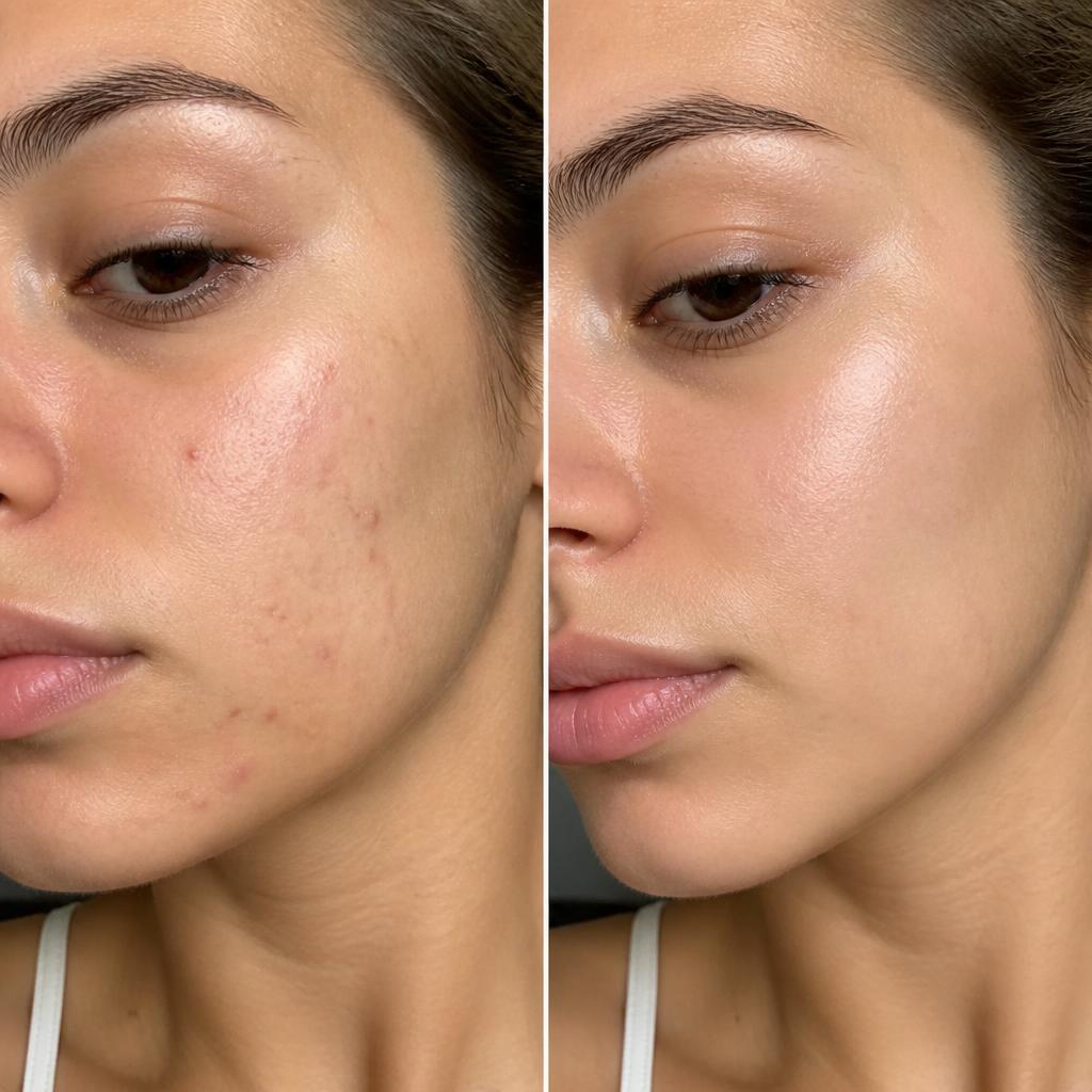 Before and after skin clarity results from a TheMetaBrands serum routine
