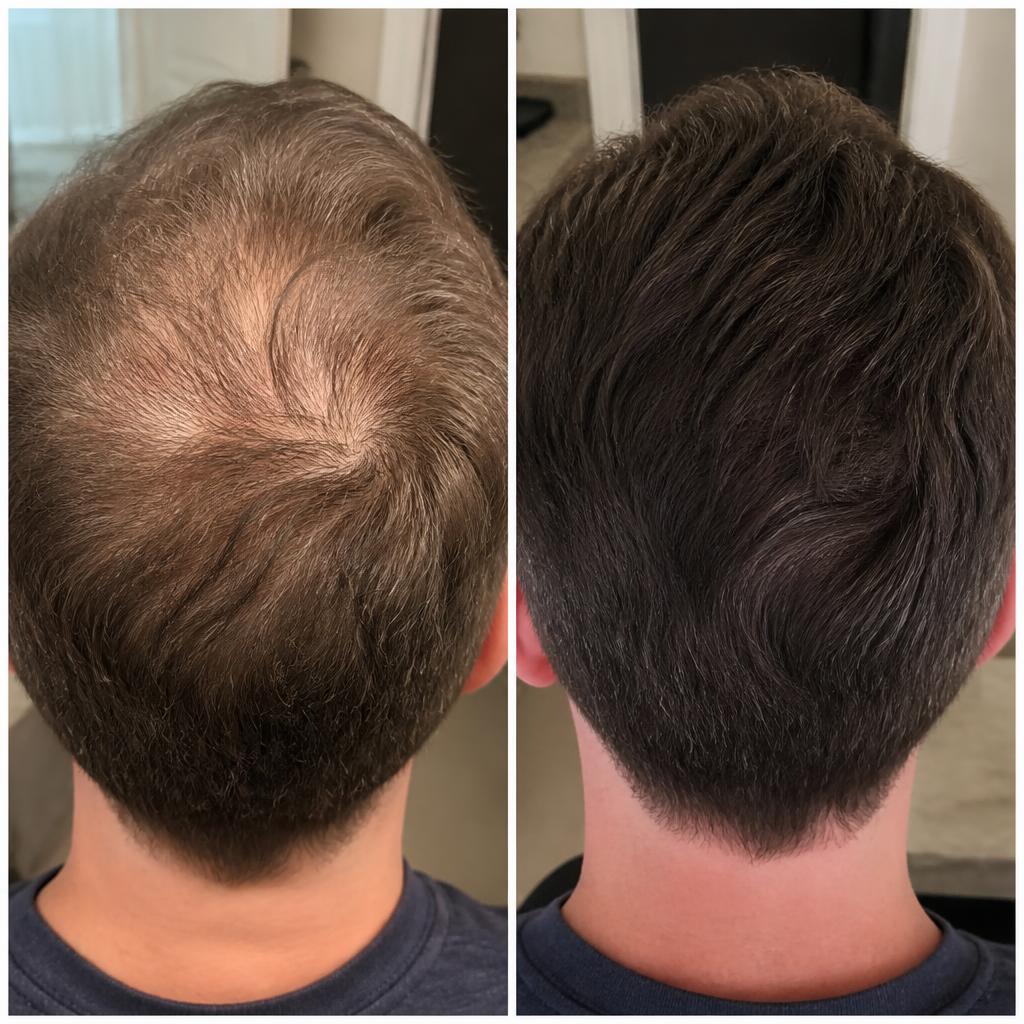 Before and after hair density results after a TheMetaBrands supplement routine